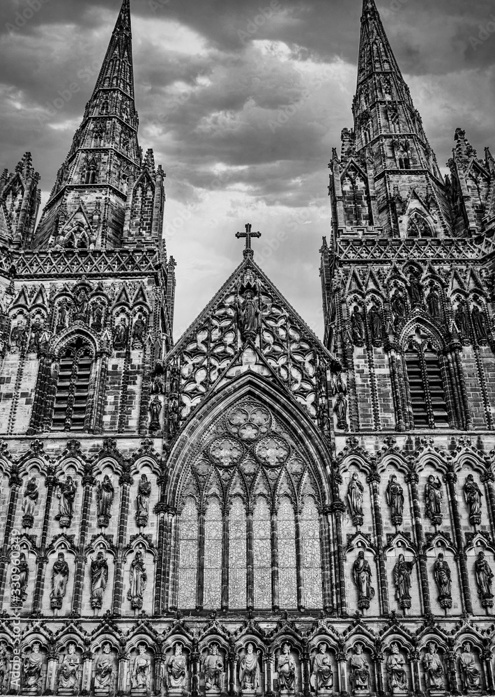 Lichfield cathedral in black and white