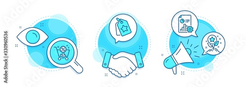 Report, Loyalty points and Loyalty tags line icons set. Handshake deal, research and promotion complex icons. Shopping cart sign. Presentation document, Bonus grows, Bonus reward. Discount. Vector