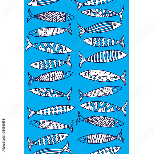 Vector seamless vertical border with fish. Cute sardines.