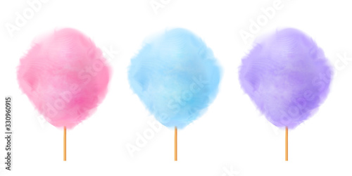 Cotton candy set. Realistic blue purple pink cotton candies on wooden sticks. Summer tasty and sweet snack for children. 3d vector realistic illustration isolated on white background
