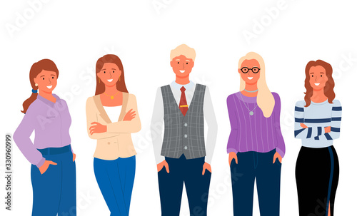 Group portrait of office business workers, isolated people in casual cloth, flat style. Four women and man, cooperation and team building, job partners