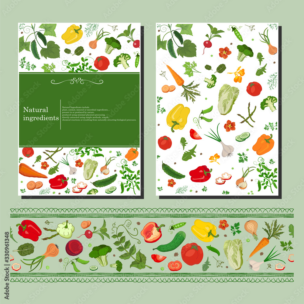 Two sides flyer and seamless border with vegetables and floral elements. Design is perfect for prints, flyers, banners, invitations.