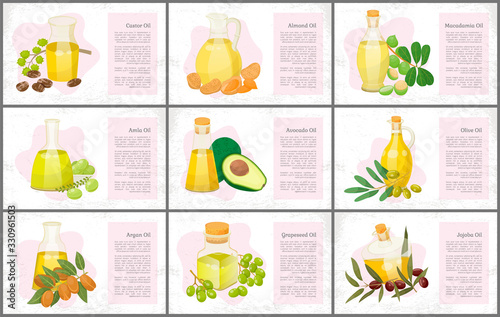 Hair oils banners, plants and nuts, oily seeds vector. Skin care and hairs health, organic cosmetics, castor and macadamia. Olive and coconut, avocado and grapeseed, almond and amla illustration