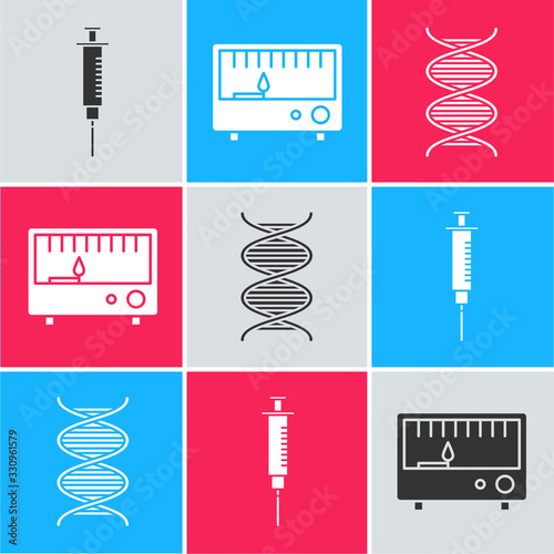 Set Syringe, Electrical measuring instruments and DNA symbol icon. Vector
