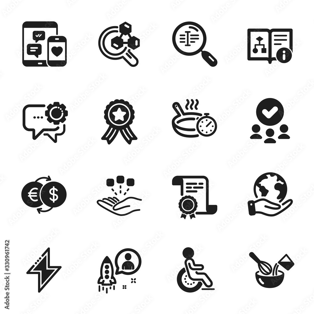 Set of Business icons, such as Consolidation, Employees messenger. Certificate, approved group, save planet. Technical algorithm, Frying pan, Startup. Search text, Cooking whisk, Disability. Vector Set of Business icons, such as Consolidation, Employees messenger. Certificate, approved group, save planet. Technical algorithm, Frying pan, Startup. Search text, Cooking whisk, Disability. Vector