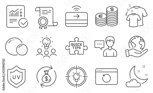 Set of Business icons, such as Contactless payment, Person talk. Diploma, ideas, save planet. Currency, Recovery internet, Idea. Money exchange, Uv protection, Night weather. Vector