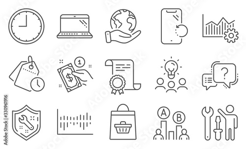 Set of Business icons, such as Operational excellence, Laptop. Diploma, ideas, save planet. Question mark, Smartphone recovery, Time management. Repairman, Time, Column diagram. Vector