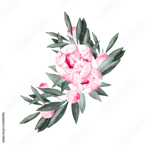 Watercolor peony clipart. Boho clipart for wedding invitations. Pink peony vintage clipart.