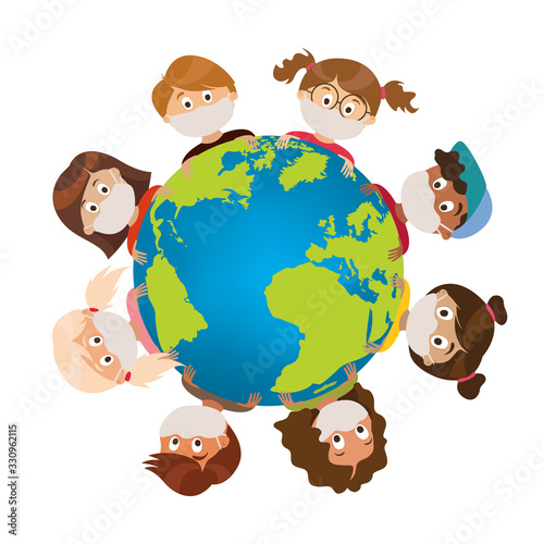 Put on a medical mask. The world is struggling with an outbreak of coronavirus. do not panic and stay home for your safety. take care of yourself. Vector graphics