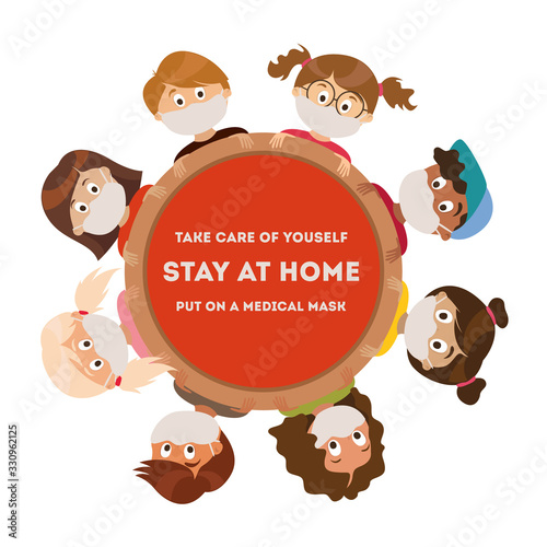 Put on a medical mask. The world is struggling with an outbreak of coronavirus. do not panic and stay home for your safety. take care of yourself. Vector graphics