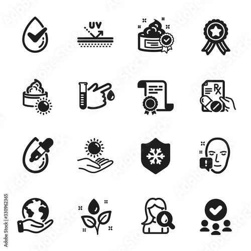 Set of Healthcare icons, such as Cream, Prescription drugs. Certificate, approved group, save planet. Blood donation, Face attention, Uv protection. Vector