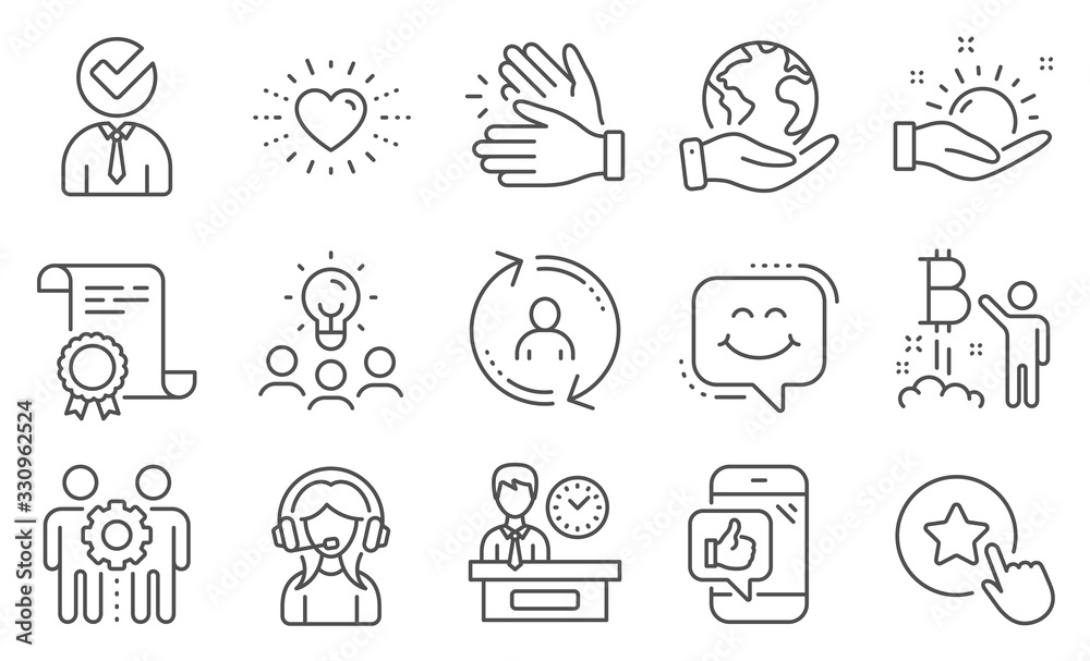 Set of People icons, such as Clapping hands, Vacancy. Diploma, ideas, save planet. Support, User info, Heart. Employees teamwork, Loyalty star, Smile chat. Vector