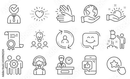 Set of People icons, such as Clapping hands, Vacancy. Diploma, ideas, save planet. Support, User info, Heart. Employees teamwork, Loyalty star, Smile chat. Vector