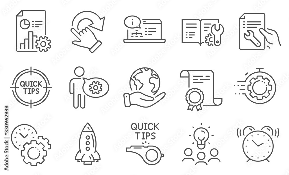 Set of Technology icons, such as Tutorials, Cogwheel. Diploma, ideas, save planet. Repair document, Tips, Online documentation. Engineering documentation, Seo timer, Rotation gesture. Vector Set of Technology icons, such as Tutorials, Cogwheel. Diploma, ideas, save planet. Repair document, Tips, Online documentation. Engineering documentation, Seo timer, Rotation gesture. Vector