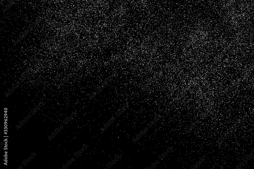 White grainy texture isolated on black background. Dust overlay. Noise granules. Snow vector elements. Digitally generated image. Illustration, EPS 10.