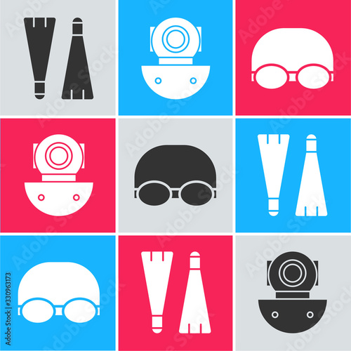 Set Rubber flippers for swimming, Aqualung and Glasses and cap for swimming icon. Vector