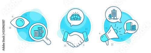 Skyscraper buildings, Arena stadium and Buildings line icons set. Handshake deal, research and promotion complex icons. Loan house sign. Vector
