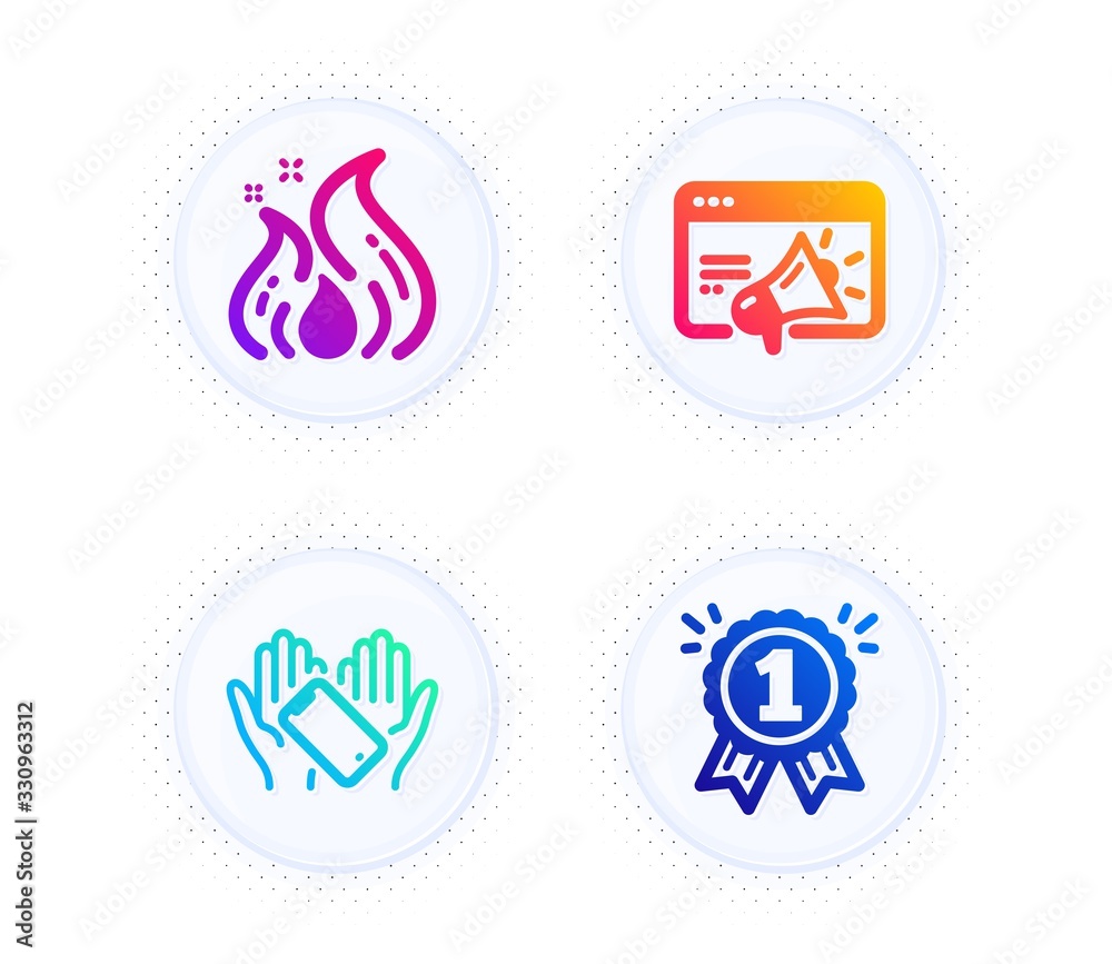 Smartphone holding, Seo marketing and Fire energy icons simple set. Button with halftone dots. Reward sign. Phone, Megaphone, Flame. First place. Business set. Vector Smartphone holding, Seo marketing and Fire energy icons simple set. Button with halftone dots. Reward sign. Phone, Megaphone, Flame. First place. Business set. Vector