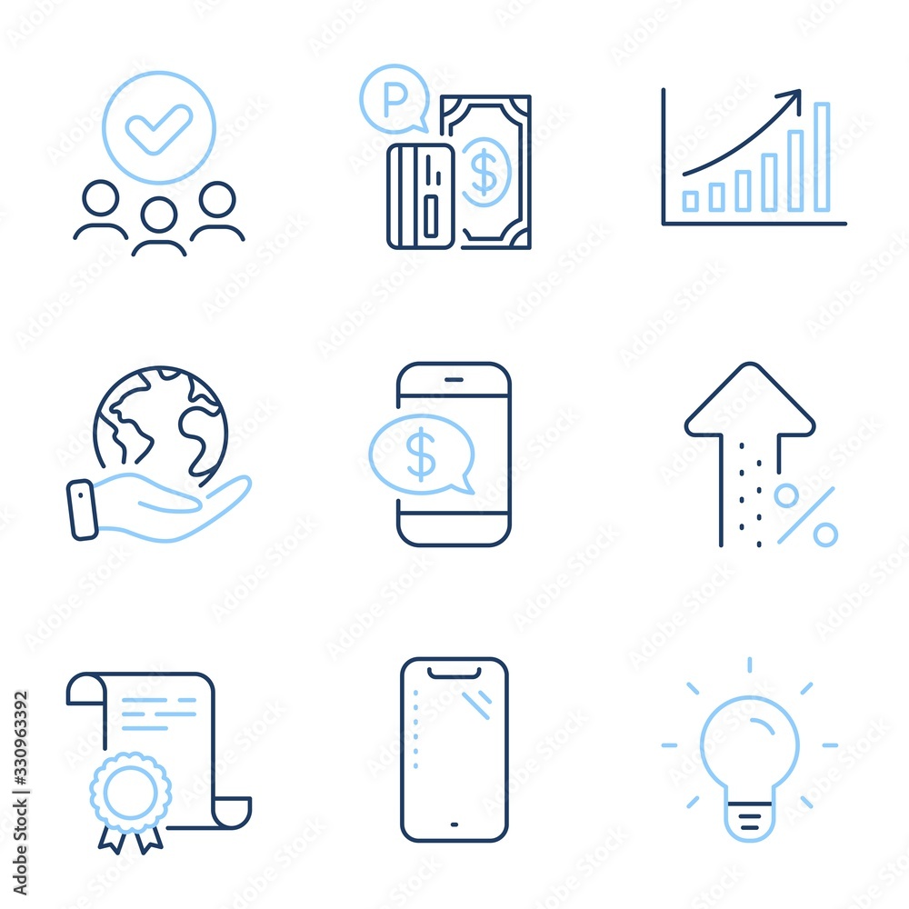 Smartphone, Increasing percent and Graph chart line icons set. Diploma certificate, save planet, group of people. Light bulb, Phone payment and Parking payment signs. Vector Smartphone, Increasing percent and Graph chart line icons set. Diploma certificate, save planet, group of people. Light bulb, Phone payment and Parking payment signs. Vector