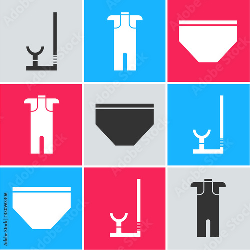 Set Snorkel, Wetsuit for scuba diving and Swimming trunks icon. Vector