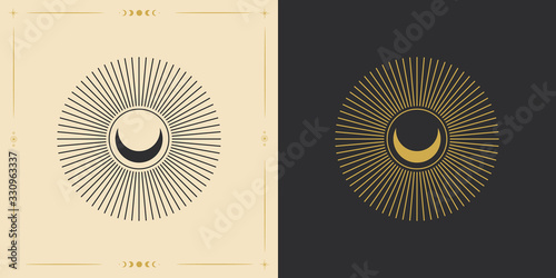the sun and moon, the beauty of the eastern night. traditional folk spiritual elements. space objects. Vector graphics