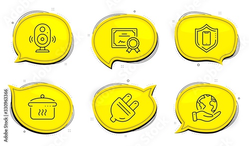 Smartphone protection sign. Diploma certificate, save planet chat bubbles. Boiling pan, Speaker and Electric plug line icons set. Cooking utensil, Music sound, Energy. Phone. Business set. Vector