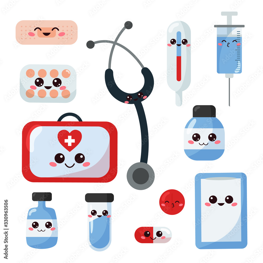 Cute kawaii cartoon medicine tools with faces. Set for doctor. Vector illustration for children. Cute kawaii cartoon medicine tools with faces. Set for doctor. Vector illustration for children.
