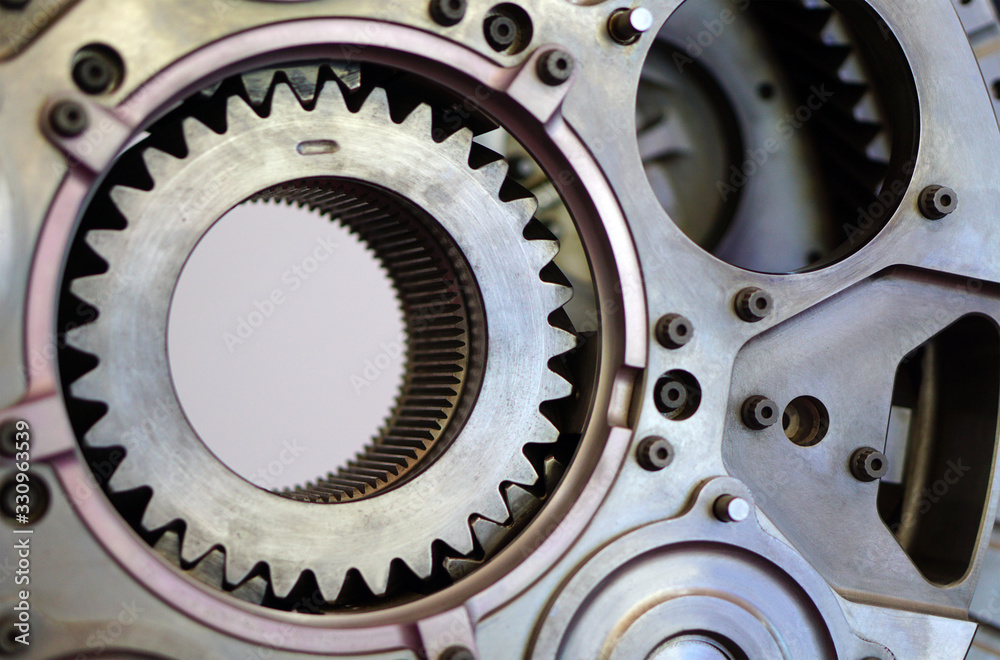 Closeup of Gear mechanism of industrial machine Closeup of Gear mechanism of industrial machine