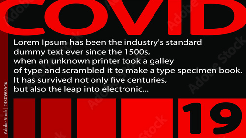 COVID19. Editable horizontal 16х9 background template. Stylish cropped letters, copy space. Red on black. Dangerous Infectious coronavirus COVID-19 for brochure, booklet, banner, news, web, posters.