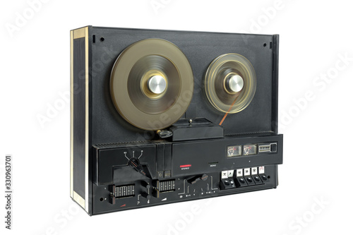 Old audio tape racorder on white background