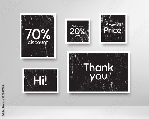 Special price, 70% discount and extra 20% off. Black photo frames with scratches. Thank you phrase. Sale shopping text. Grunge photo frames. Images on wall, retro memory album. Vector