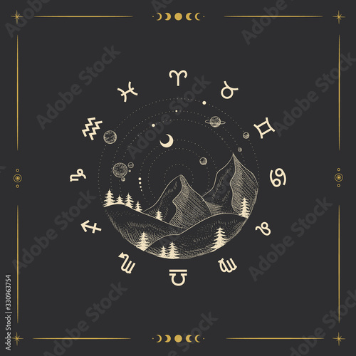 Vector illustration set of moon phases. Different stages of moonlight activity in vintage engraving style. Zodiac Signs