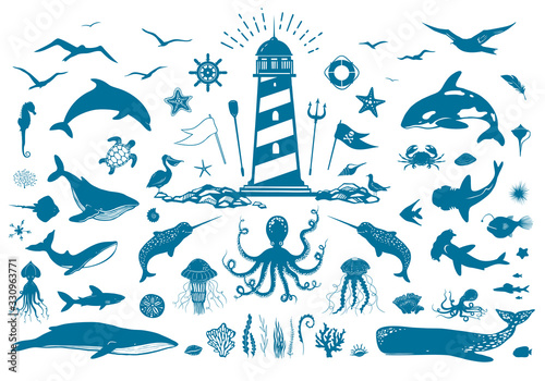 Vector nautical set with lighthouse and sea animals. Whales, dolphins, fish, seagulls, corals and water plants isolated on white. Big set of vector illustrations with marine creatures. Vector EPS 10