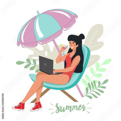 Vector illustration with beautiful silhouette of a girl sitting at a computer in a red bathing suit and drinking a cocktail on the beach