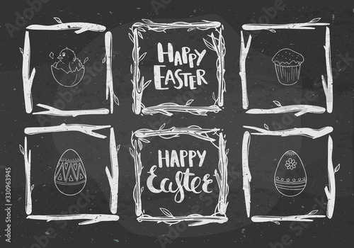 Rustic floral square frames. Vector frames and Ester greetings on a chalkboard. Vector illustration with lettering and doodles.
