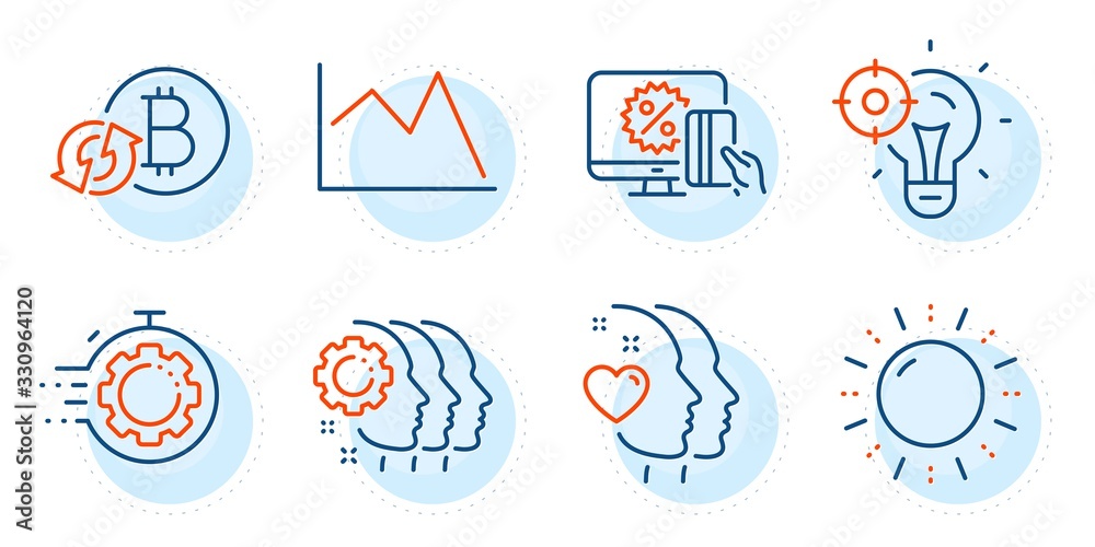 Sun energy, Seo idea and Employees teamwork signs. Line chart, Refresh bitcoin and Seo timer line icons set. Heart, Online shopping symbols. Financial graph, Update cryptocurrency. Vector Sun energy, Seo idea and Employees teamwork signs. Line chart, Refresh bitcoin and Seo timer line icons set. Heart, Online shopping symbols. Financial graph, Update cryptocurrency. Vector