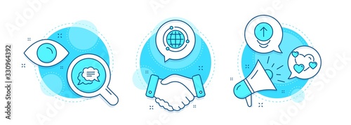 Swipe up, Heart and Globe line icons set. Handshake deal, research and promotion complex icons. Text message sign. Scrolling page, Love rating, Internet world. Chat bubble. Business set. Vector