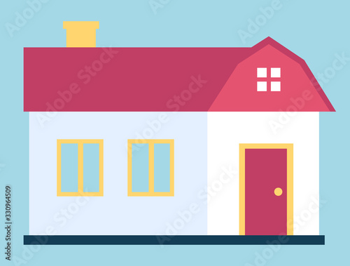 House construction exterior view isolated on blue. Facade of dwelling symbol with chimney and windows, red door and roof. Outdoor estate of home architecture and element of medical insurance vector