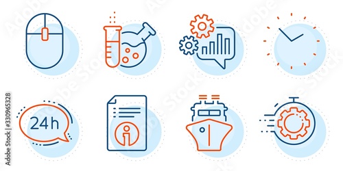Time, Ship and Computer mouse signs. Seo timer, Cogwheel and Chemistry lab line icons set. 24h service, Technical info symbols. Cogwheel, Engineering tool. Technology set. Outline icons set. Vector