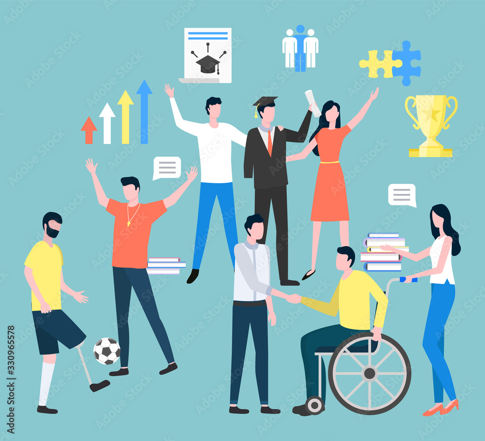 Set of people leading ordinary life and disabled person in community. Man sitting on wheelchair handshaking with boss or colleague. Male playing football, grad student with friends on prom vector Set of people leading ordinary life and disabled person in community. Man sitting on wheelchair handshaking with boss or colleague. Male playing football, grad student with friends on prom vector