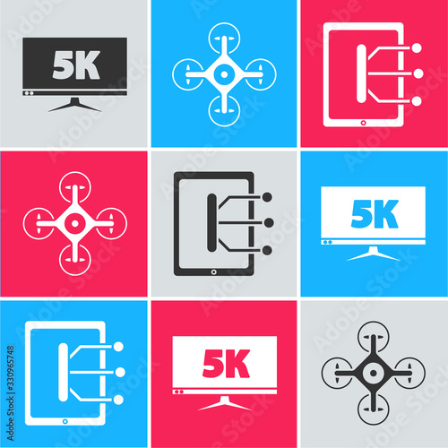 Set Monitor display with 5k video, Drone and Tablet icon. Vector