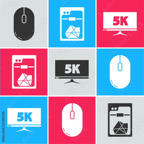 Set Computer mouse, 3D printer and Monitor display with 5k video icon. Vector