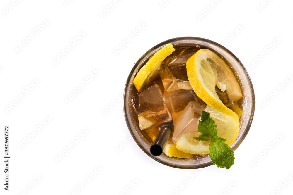 Iced tea drink with lemon in glass isolated on white background. Top view copy space Iced tea drink with lemon in glass isolated on white background. Top view copy space