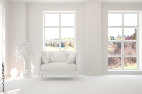 Mock up of stylish living room in white color with armchair. Scandinavian interior design. 3D illustration