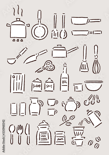 キッチンツール・調理器具のかわいい手描きベクターイラスト