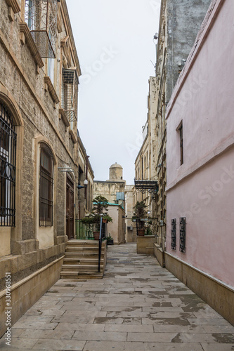 Old  ancient streets of the Central historical part of the city of Baku  Republic of Azerbaijan. The Central part is a UNESCO world heritage site .