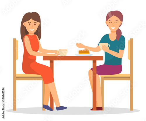 Female friends on dinner, eating sweets and drinking hot coffee or tea. Women having lunch, isolated characters talking on breakfast. Smiling personages in cafe or restaurant, vector in flat