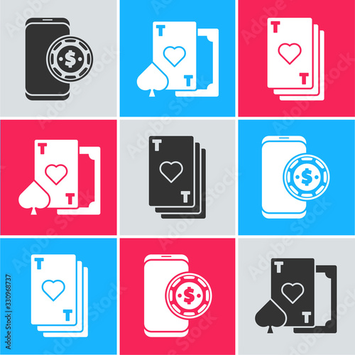 Set Online poker table game, Playing card with heart and Playing card with heart icon. Vector