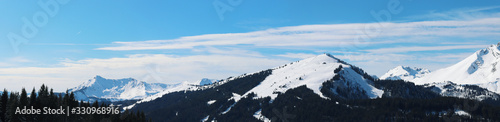 Panoramic view of the mountains from the Morzine ski slopes in the French Alps during winter