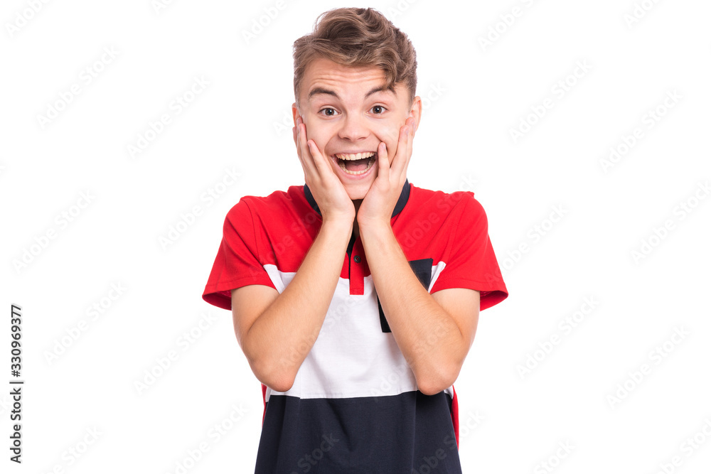 Portrait of surprised teen boy, isolated on white background. Funny caucasian child looking at camera in shock or amazement touching his head with hands. Handsome young teenager.